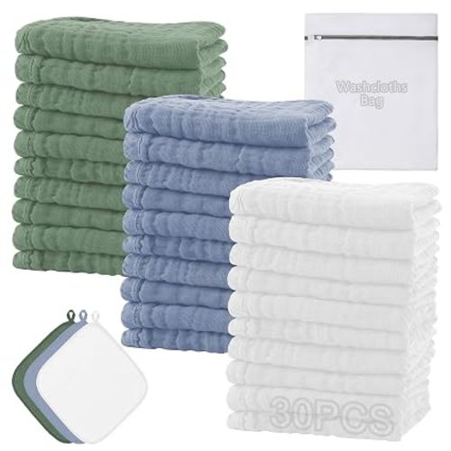 Muslin Baby Washcloths Baby Wash Cloths Cotton Face Towels 30 Pack Burp Cloths Baby Girl Boy Soft and Absorbent Baby Wipes Burp Rags Bath Essentials Registry Search, 11.8 x 11.8 inches