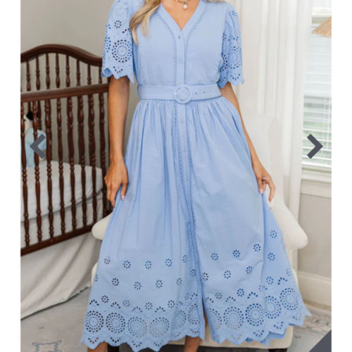 NURSING COLLECTION: Just Around The Corner Blue Eyelet Belted Midi Dress