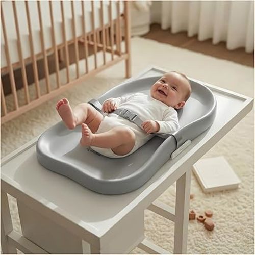 Baby Diaper Changing Pad with Adjustable Belt – Portable, Waterproof, Peanut-Shaped Design, Non-Slip Base for Table and Dresser, Grey