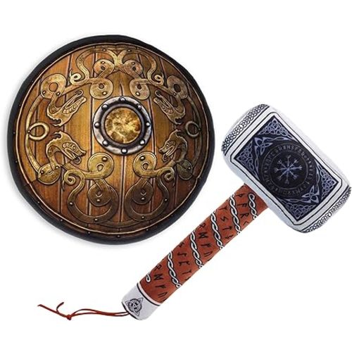 June Garden Little Vikings Hammer and Shield Playset - Safe Plush Soft Pretend Play Weapons - Gifts for Kids