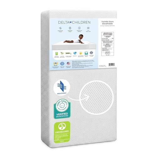 Delta Children Twinkle Stars Crib and Toddler Mattress with Breathable, Removable Machine-Washable Cover - GREENGUARD Gold - Waterproof Baby Bed - Sustainably Sourced Fiber Core - 52”Lx27.5”W, White
