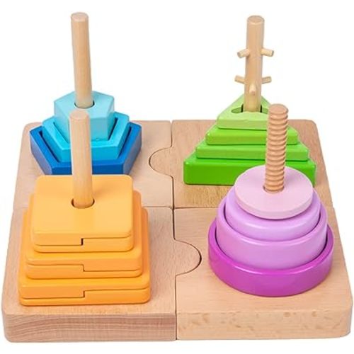 Adena Montessori 4-in-1 Shape Color Sorting Toy for Toddlers - Wooden Educational Toy With Detachable Bases, Gradients of Colors and Shapes for 12-18 Months