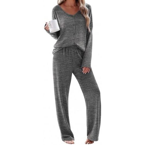 Ekouaer Womens Pajama Sets Button Up Long Sleeve Pjs Soft Lounge Set 2 Piece Sleepwear with Pockets