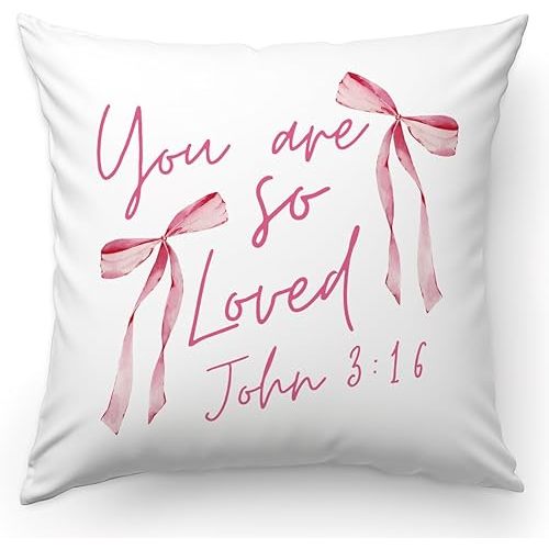 KongMoTree Pink Coquette Bow Christian Pillows Covers, Christian Gifts for Women, Inspirational Bible Verse Pillow Covers, Flannel Pillow Cases Decor for Couch Bedroom Prayer Room - John 3:16