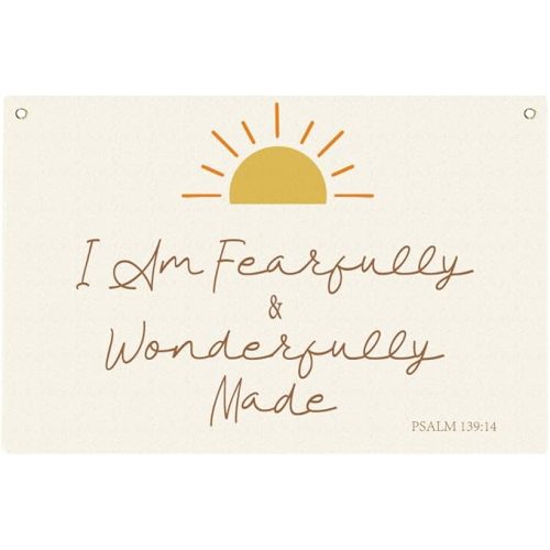 Bible Verse Canvas Banner I am Fearfully and Wonderfully Made Wall Hanging Decor Canvas Flag for Nursery Bedroom Office Linen Banner for Birthday Gift 29.9 x 19.7inch