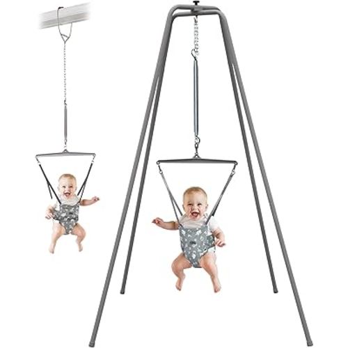 Jolly Jumper ELITE with Convertible Door Clamp (Grey) - Baby Exerciser Bundle with Iconic Doorway Jumper + Premium 6 ft Stand, Adjustable Saddle Seat, Indoor/Outdoor Use, for Infants up to 28 lbs