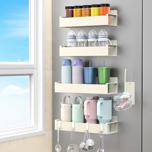 HuggieGems Magnetic Water Bottle Holder for Refrigerator, Cup Holder Organizer for Stanley and Tumbler for Kitchen, 4 Pack, Cream White