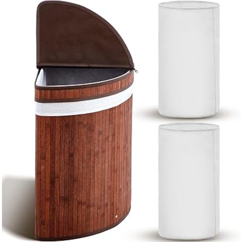 Gueevin Corner Laundry Hamper with Lid and 2 Removable Cloth Liners Bamboo Corner Laundry Basket Collapsible Clothes Basket Storage Bin for Bedroom Bathroom Laundry Living Room (Espresso Color)