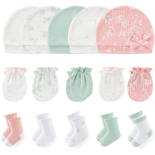 MAMIMAKA Newborn Baby Boy Girl Caps Mittens Socks Set Cotton Baby Essentials Accessories (Hats+Gloves+Socks)