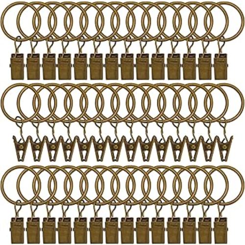 42 Pack Curtain Rings with Clips 1.26" Interior Diameter,Metal Drapery Ring with Clips Compatible with up to 1 inch Drapery Rod,Strong Vintage Decorative Rustproof Drapery Ring with Hooks(Bronze)