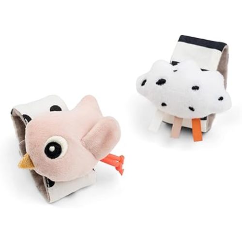 Done by Deer Wrist Rattle Set for Babies - 2-Pack Happy Clouds - Newborn Sensory Toy with Crinkle & Rattle Sound – Soft Baby Bracelet for Wrist or Ankle – Powder Pink – from 0 Months
