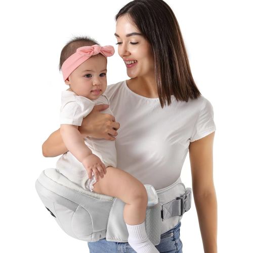 HKAI Baby Hip Carrier,Baby Carrier with Adjustable Waistband & Breathable Mesh, Ergonomic Carrier with Non-Slip Hip Seat Surface for Newborns & Toddlers (Light Grey)