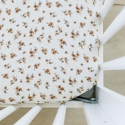 Autumn Bloom Muslin Crib Sheet by Mebie Baby, Soft and Breathable Bed Sheets for Babies, Modern Neutral Bedding for Cribs, Standard Crib Mattress Fitted Sheet, Great for Boy or Girl Room or Nursery