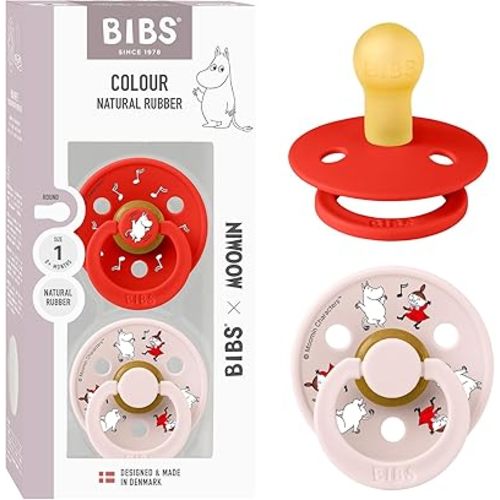 BIBS Colour Moomins Pacifier 2-Pack, BPA Free Pacifier, Round Nipple. Natural Rubber Latex, Made in Denmark, Size 1 (0-6 Months), Candy Apple/Petal