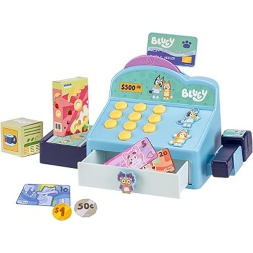 Bluey Cash Register. Press The Buttons to Hear Beeps, Sounds and Phrases from Bluey and Bingo |Use The Scanner to Scan Packages and Pretend to Run a Shop | Includes Toy Credit Card and Dollar Bucks!