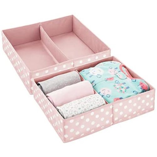 mDesign Soft Fabric Dresser Drawer and Closet Storage Organizer Set for Baby Room/Nursery, Child, Kids, Girls, Boys Clothes - 2 Section Wide Organizers, 2 Pack - Pink, White Dots