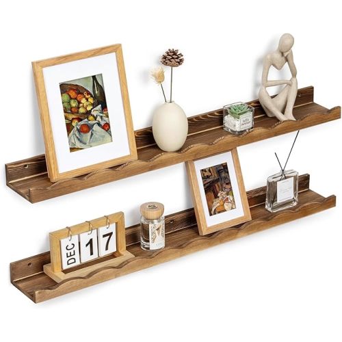Fun Memories Picture Ledge Shelf for Wall, 36 inch Pine Wood Nursery Book Shelves Set of 2- Wall Book Shelves for Kids Room, Home Decor - Kitchen Spice-Carbonized