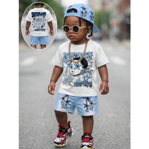 Infant & Toddler Boy Summer Short Sleeve & Shorts Set, American Street Style Star Graffiti Design, Casual Versatile 2-Piece Set, Suitable For Daily Wear, Outings, Kindergarten, Creating A Street Style Fashion Kid, Summer Essential Bestselling Children's C