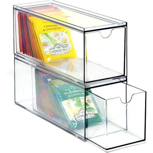 Youngever 3 Drawers Plastic Kitchen Pantry Stackable Storage Organizer, Plastic Tea Packet Organizers, Stackable Tea Bag Holder, 9" x 3" x 3.5"
