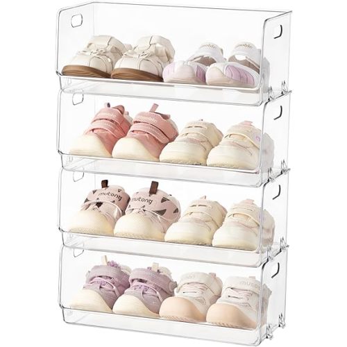 HBlife Clear Acrylic Kids Shoe Rack Baby Toddler Shoe Storage Organizer for Closet Floor Entryway Bedroom, 4 Tier Stackable Small Shoe Rack Shelf Display Stand