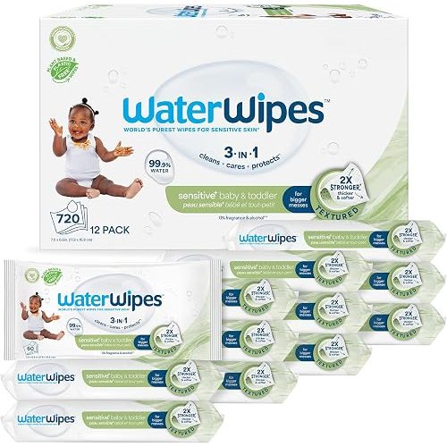 WaterWipes Sensitive+ Baby & Toddler Wipes, 3-In-1 Cleans, Cares, Protects, 99.9% Water, Textured Clean, Unscented & Hypoallergenic, 720 Count (12 Packs)