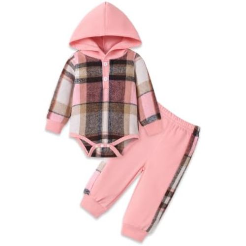 Baby Girl Clothes Plaid Hooded Romper Set Infant Outfits 0-12 Months