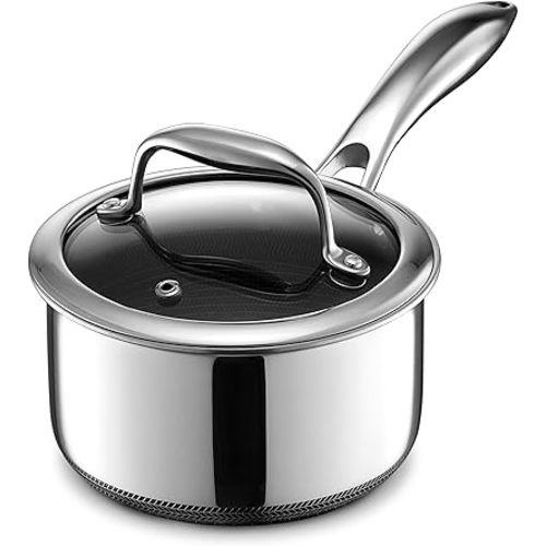 HexClad Hybrid Nonstick 1-Quart Saucepan with Tempered Glass Lid, Stay-Cool Handle, Dishwasher-Friendly, Oven-Safe Up to 900°F, Induction Ready, Compatible with All Cooktops