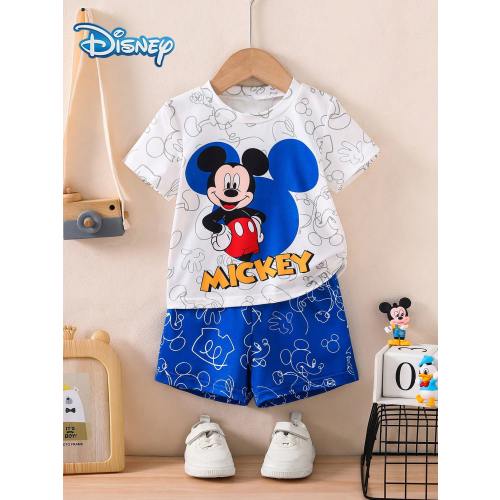 Disney Summer Baby Boys' Newborn Graphic Line Mickey Mouse Print Short Sleeve T-Shirt And Shorts Set, Cartoon Pattern With Stretch, Suitable For Infant Daily Wear, Great Gift (PJs)