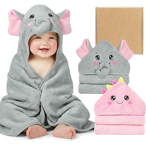 2 Pack Hooded Baby Towels Soft Absorbent Coral Fleece Baby Bath Towels with Animal Hood 32x32 Inch Toddler Bath Towel for 0-3 Years Newborn Baby Shower (Grey Elephant & Pink Dinosaur)
