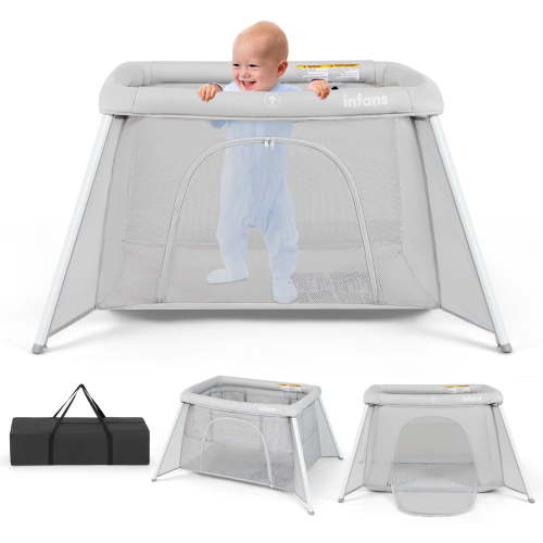 INFANS Travel Crib, Portable Baby Playpen with Removable Bassinet Soft Mattress Carry Bag, Foldable Lightweight Playard Nursery Center for Newborns Toddlers (Light Gray)