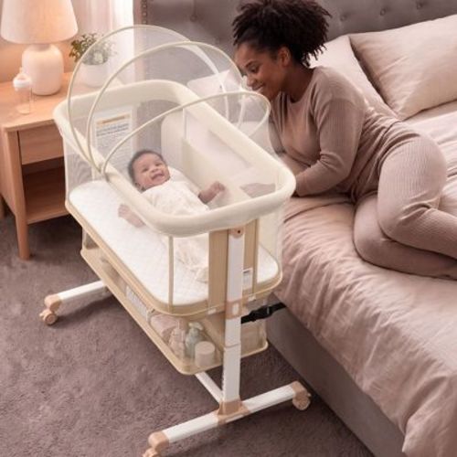 Kinder King Baby Bassinet Bedside Sleeper, 3-in-1 Convertible Portable Infant Bed with Adjustable Height, Wheels, Mosquito Net & Storage, Beige