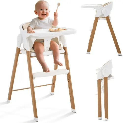 Convertible High Chairs for Babies & Toddlers. 5-in-1 Adjustable High Chair with Removable Tray, Easy to Clean, Portable (White Khaki)