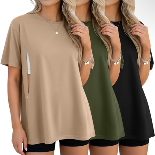 3 Pack Women's Oversize Nursing Breastfeeding Shirts Hidden Zipper Short Sleeve Loose Fit Maternity Tops