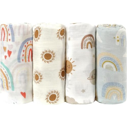 4 Set Muslin Swaddle Blankets for Newborn Baby Boys, Girls,Receiving Blankets-Cute Soft Print Baby Towel Wrap 120x110cm Baby(Rainbow)