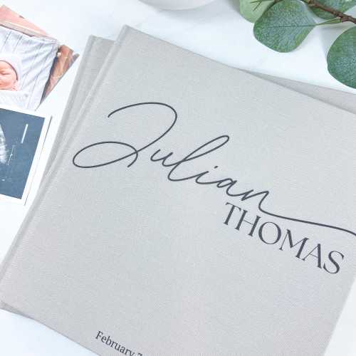 Personalized Baby Book - Hardcover Customized - Baby's First Years Keepsake Journal - 10.25 Square -  Gray Fabric -2025 Edition