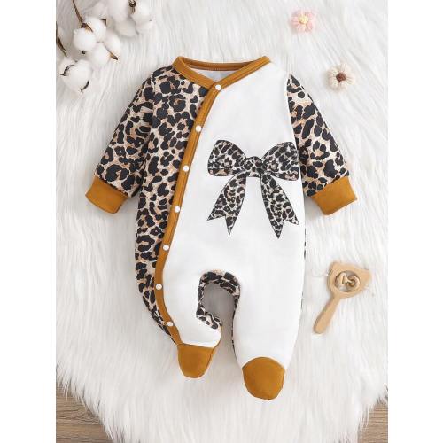 Infant Baby Girls Casual Cute Leopard Bow Print One-Piece Jumpsuit Romper, Long Sleeve Home Outfit, Spring/Autumn | SHEIN USA