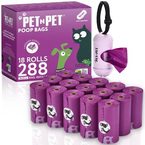 PET N PET Poop Bags for Dogs, 288 Count Lavender Scented Dog Waste Bags with Leash Dispenser, USDA Certified 38% Plant Based & 62% PE Dogs Waste Bag