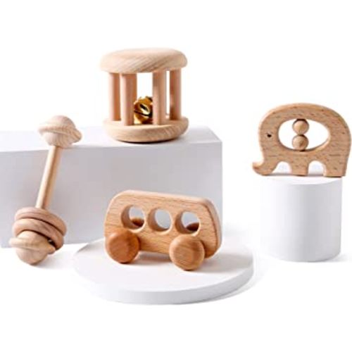 Organic Wooden Baby Rattle Toy Montessori Rattle Roller Waldorf Inspired Grasping Toddler Toys
