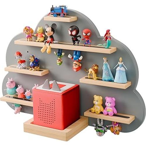 Cloud Tonie Shelf for Toniebox Storage - Unique Floating Magnetic Wall Shelf for 16-26 Tonie Figures, Grey Beech Wood Display Tonie Shelf for Children Kids, Nursery Room