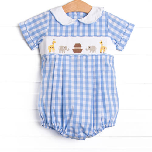 Noah's Ark Smocked Collared Bubble, Blue – Stitchy Fish