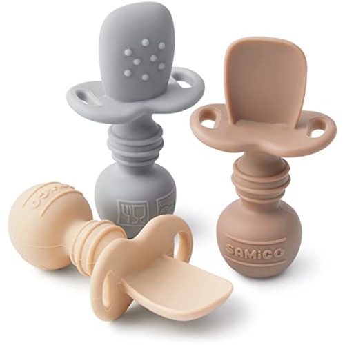 SAMiGO Silicone Baby Spoons Self Feeding 6+ Months - Infant Toddler Utensils - First Stage Baby Led Weaning Feeding Supplies - Set of 3 Pack