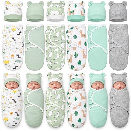 Ramede 6 Pack Preemie Swaddle with Hat, 100% Cotton, Alpaca, Green