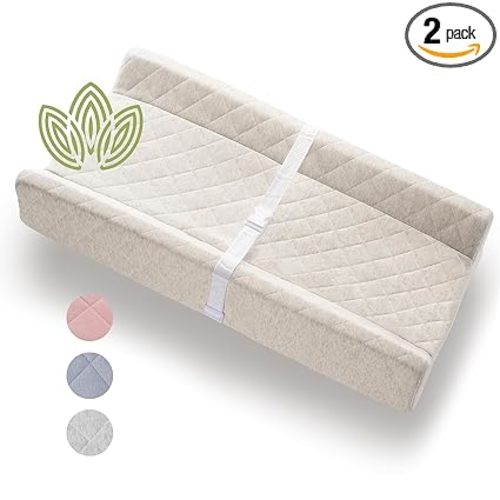 Organic Cotton Contoured Baby Changing Pad w/Waterproof Foam Mattress, Includes Soft, Removable & Washable Cover, Safety Strap, Non-Slip Bottom, Topper for Standard Size Infant Diaper Table & Dresser