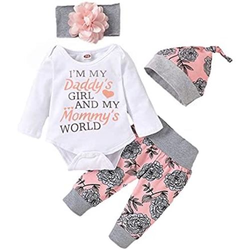Newborn Baby Girl Clothes Long Sleeve Romper+Pants Headband Hat Outfits Set