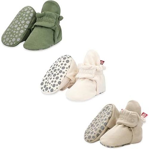 Zutano Cotton Baby Booties with Gripper Soles, Soft Sole Stay-On Baby Shoes, Bundle, Olive/Cream/Khaki, 6M
