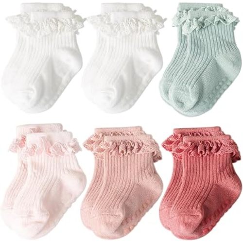 AQOKKA Baby Girl Toddlers Socks with Non-slip Grip Cute Frilly Ruffle Ankle Soft Cotton Newborn Baby Socks for Infant Kids