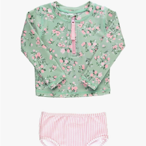 RuffleButts® Baby/Toddler Girls Long Sleeve Rash Guard 2 Piece Swimsuit Set w/UPF 50+ Sun Protection with Zipper