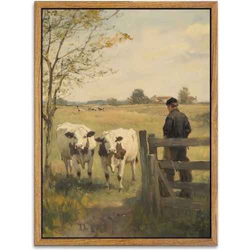 AtterrirArt Framed Vintage Cow Wall Art, 12x16 Inch, French Country Landscape Canvas Print, Farmhouse Animal Wall Decor, Rustic Nature Wall Art For Bedroom, Living Room, Ready to Hang