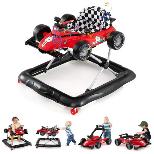 BABY JOY 4-in-1 Baby Walker, Foldable Activity Walker with Push Mode, Adjustable Height, Lights, Anti-Rollover, Baby Walker with Wheels for Boys Girls 6-18 Months (Red)