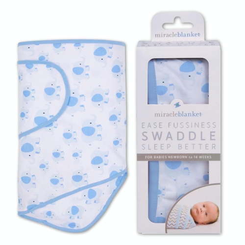 Miracle Blanket Swaddle Wrap - Boy, Girl, or Neutral Receiving Baby Blanket - Soft, Wearable Sleep Sack Essential for Newborns and Infants (Blue Elephants with Blue Trim)